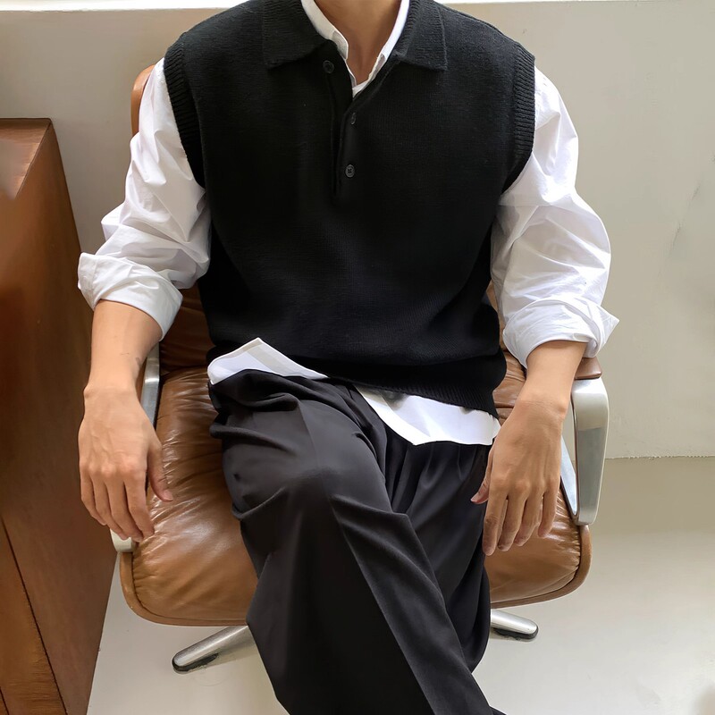 Solid Color Layered Polo Collar Sleeveless Knitted Vest Men's Spring & Fall Retro Business Heavy Weight Waistcoat Sweater Vest Trendy