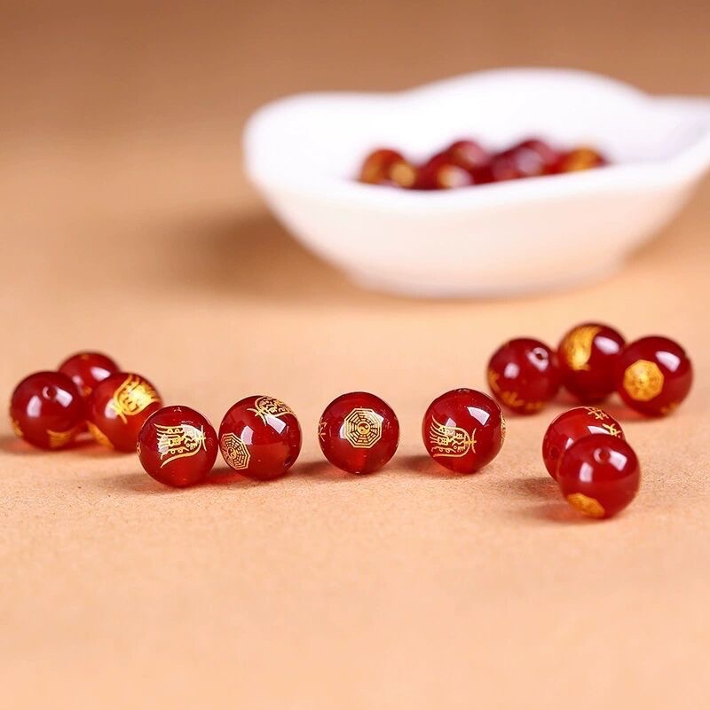 마노 각인, 천연 붉은 마노 각인, 금박 장식, 평안 부적, 원형 비즈, DIY 팔찌, 불교 비즈, 팔괘, 도매