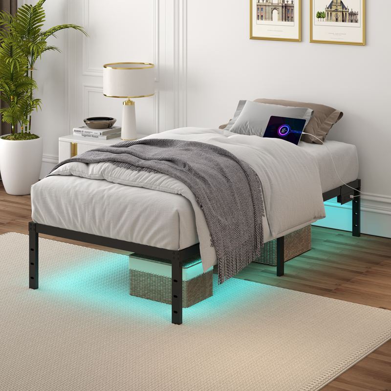 亚马逊加粗铁艺床简易床架子带灯带出租房单人铁床出租房专用