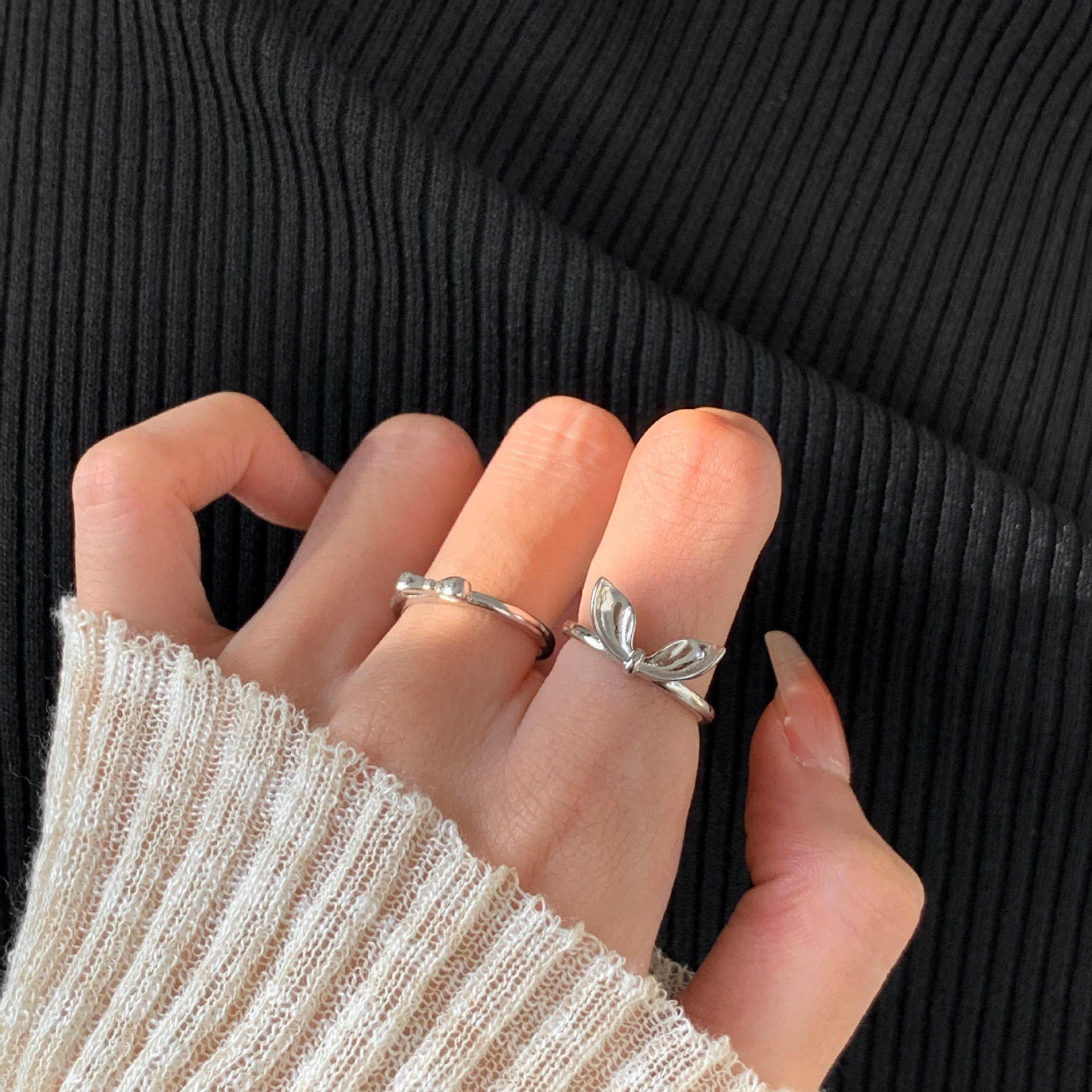 S pure silver cute rabbit ear bow for female niche design, light luxury trendy index finger 2023 ring_voghion.com