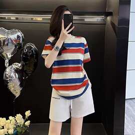 2026夏季新款两件套红蓝撞色条纹短袖t恤女白色短裤子休闲运动服