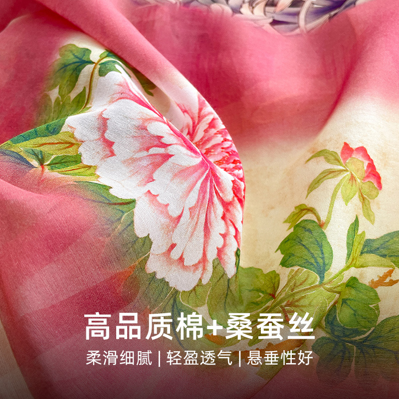 Premium Mulberry Silk Cotton Blend Scarf For Women - Spring Lightweight Artistic Silk Blend Shawl Wrap - Thumbnail 2