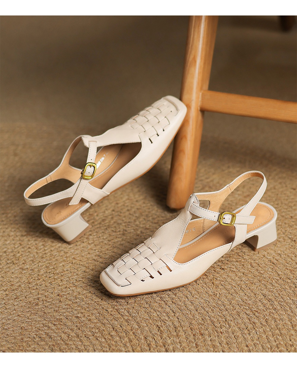 Sandal Mary Jane nữ mũi vuông da bò gót thấp quai chữ T đan dây — đen chi tiết 13