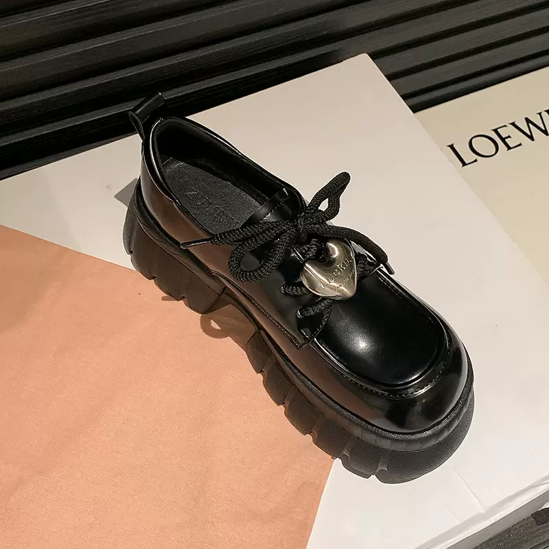 厚底乐福鞋女2024春季新款真皮爱心金属扣小皮鞋学院风高跟单鞋