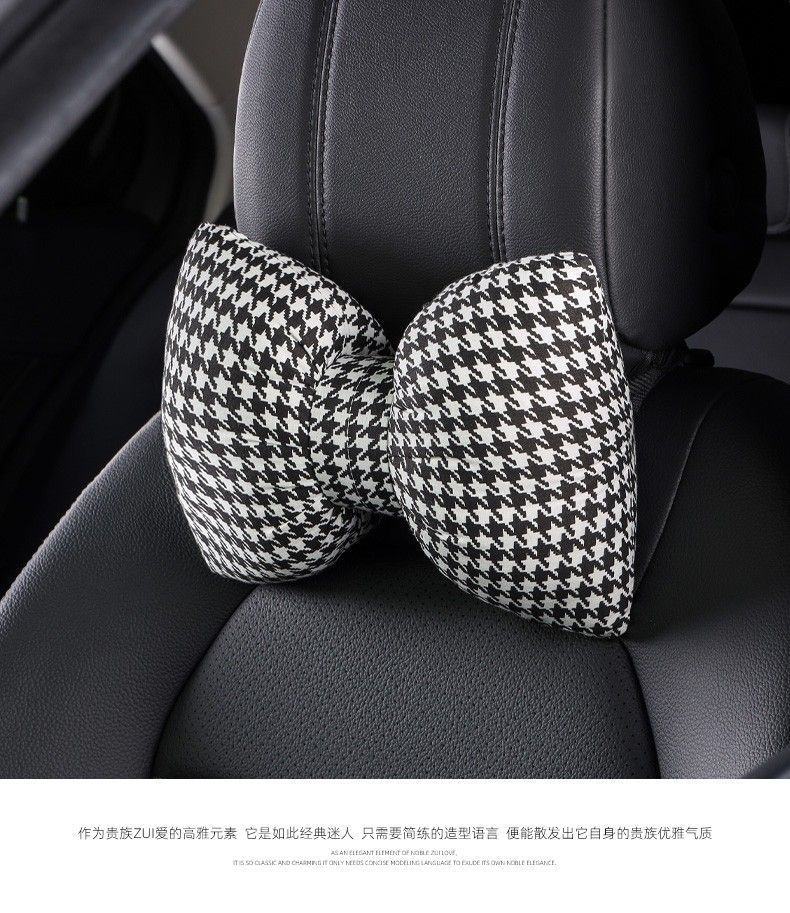 Houndstooth car headrest car female seat neck pillow cute bow pillow car pillow lumbar support