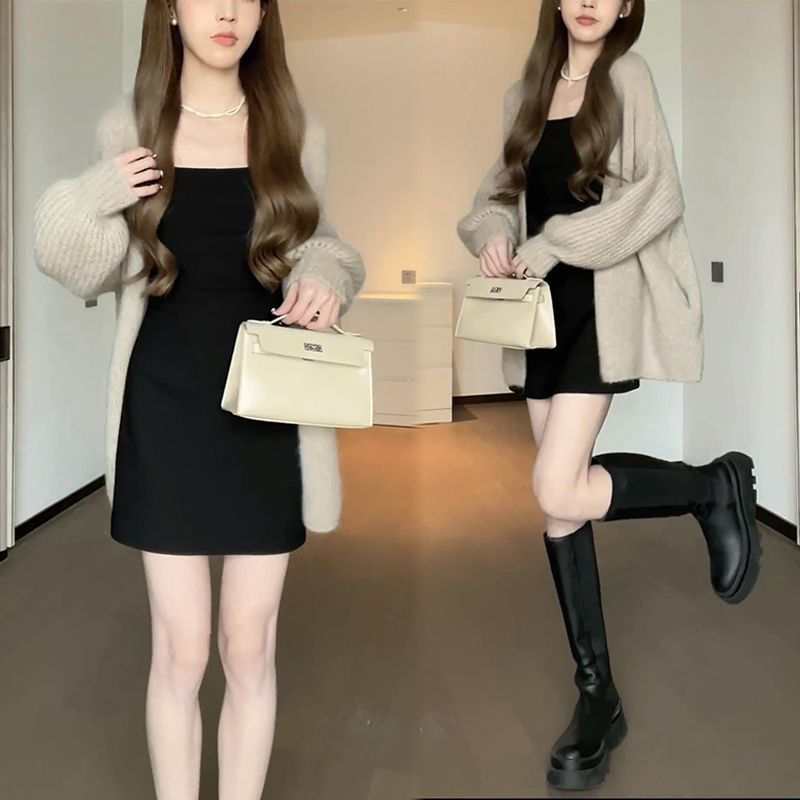 (2개) 2024 가을과 겨울 새로운 게으른 스타일 밀크 후드 니트 카디건 재킷 슬리밍 허리 우아한 부드러운 슬립 스커트
