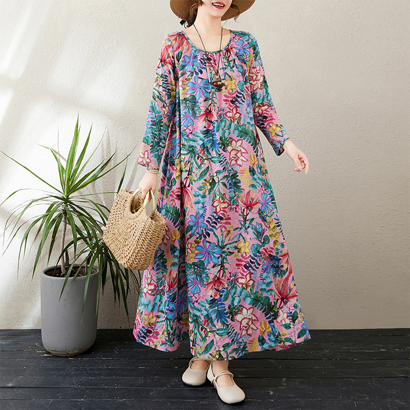 Real Shot of 2025 Early Spring New Style Round Neck Ruched Loose Lazy Dress Minimalist Long-Sleeve Ultra-Long Dress Vacation Style