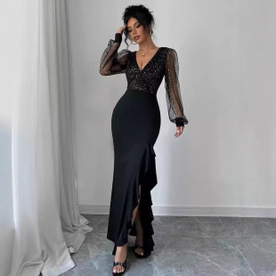 2025 Cross-Border Knitted Dress Elegant and Sexy V Neck High Waist Slim Sequin Stitching Elastic Long Skirt