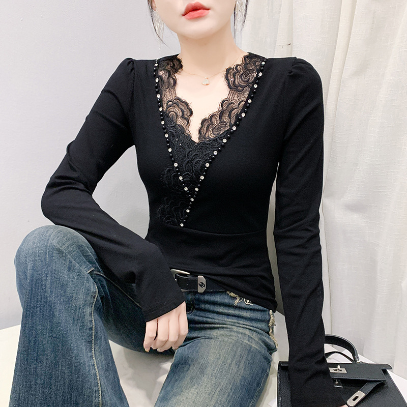2025 New Autumn Clothing Slim Fit Fashionable Splicing Lace Handmade Beaded Long-Sleeved T-Shirt for Women 2025 New Autumn Clothing Slim Fit Fashionable Splicing Lace Handmade Beaded Long-Sleeved T-Shirt for Women