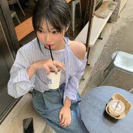 韩国chic春秋法式设计感立领镂空肩系带宽松休闲长袖竖条纹衬衫女