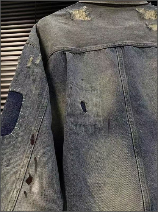 Vintage Denim Jacket With Graffiti Print Distressed High Street_voghion.com