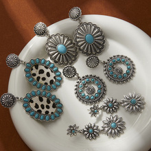 欧美复古民族风古银太阳花耳环高级感女波西米亚松石耳坠宴会饰品