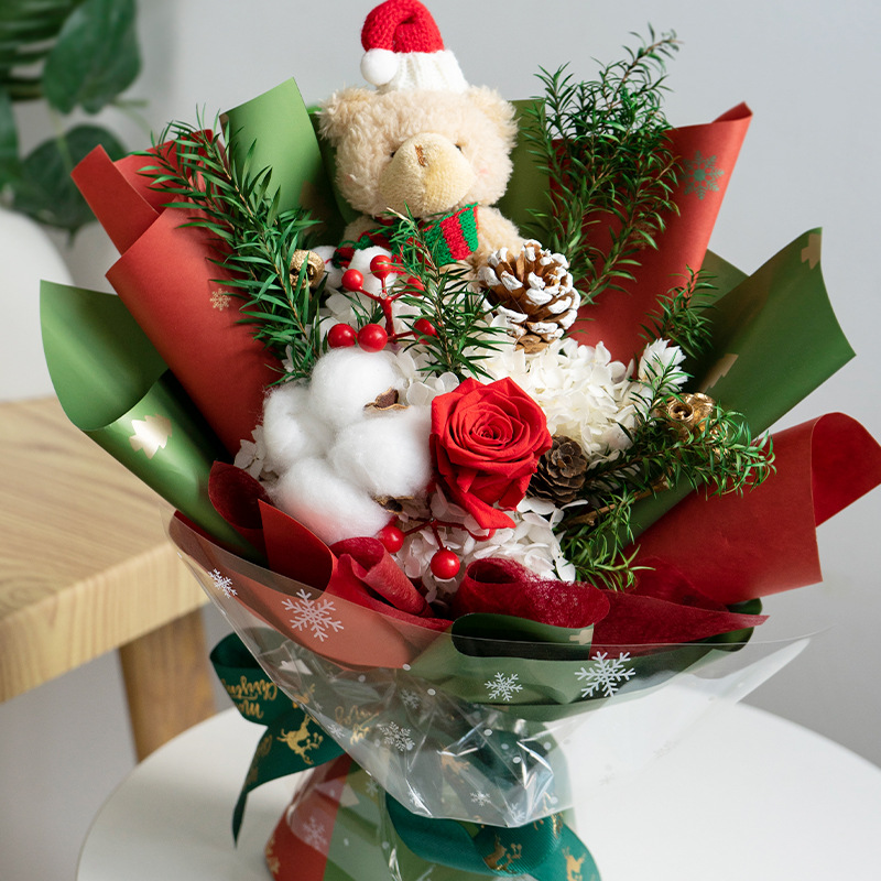 Rosa Eterna Navideña, Oso de Peluche, Ramo de Flores Terminado, Regalo para Novia o Mejor Amiga, Regalo Navideño Hecho a Mano