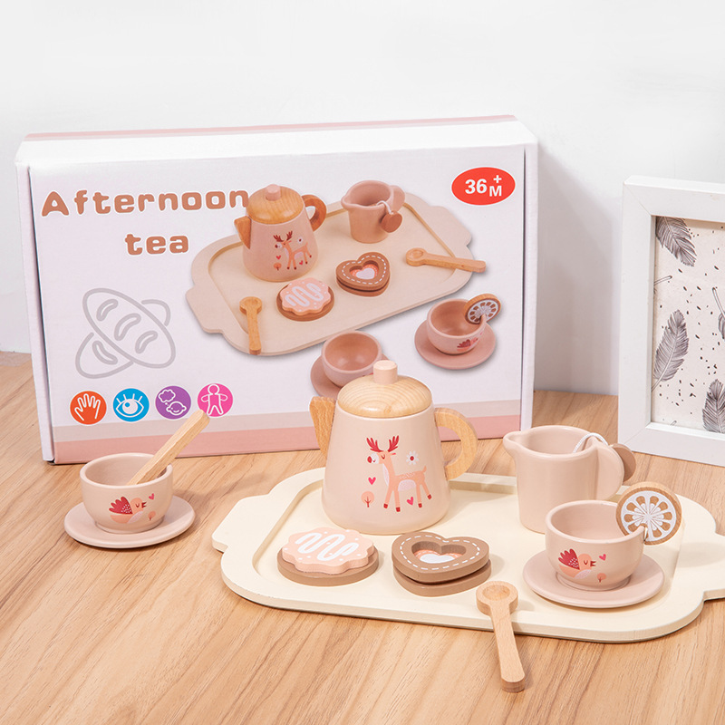 Simulación de jugar a la casa té de la tarde postre pastel tetera taza juego de té juguetes de madera juguetes de desayuno para niños