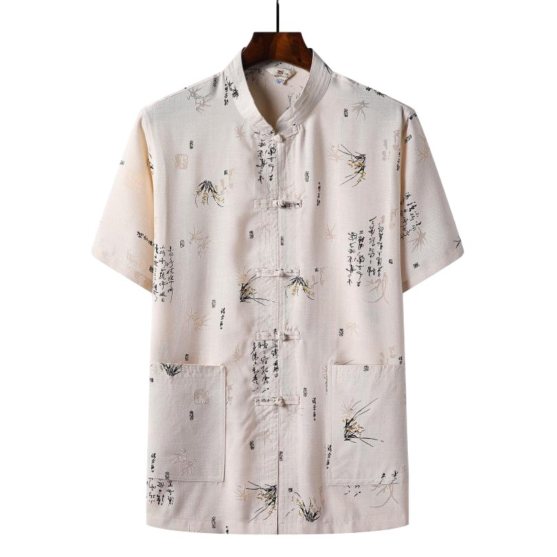 Chinoiserie Men's Suit Layman's Clothing Middle-Aged and Elderly Linen Tang Suit Summer Short-Sleeved Ethnic Chinese Han Dynasty Cotton and Linen Shirt