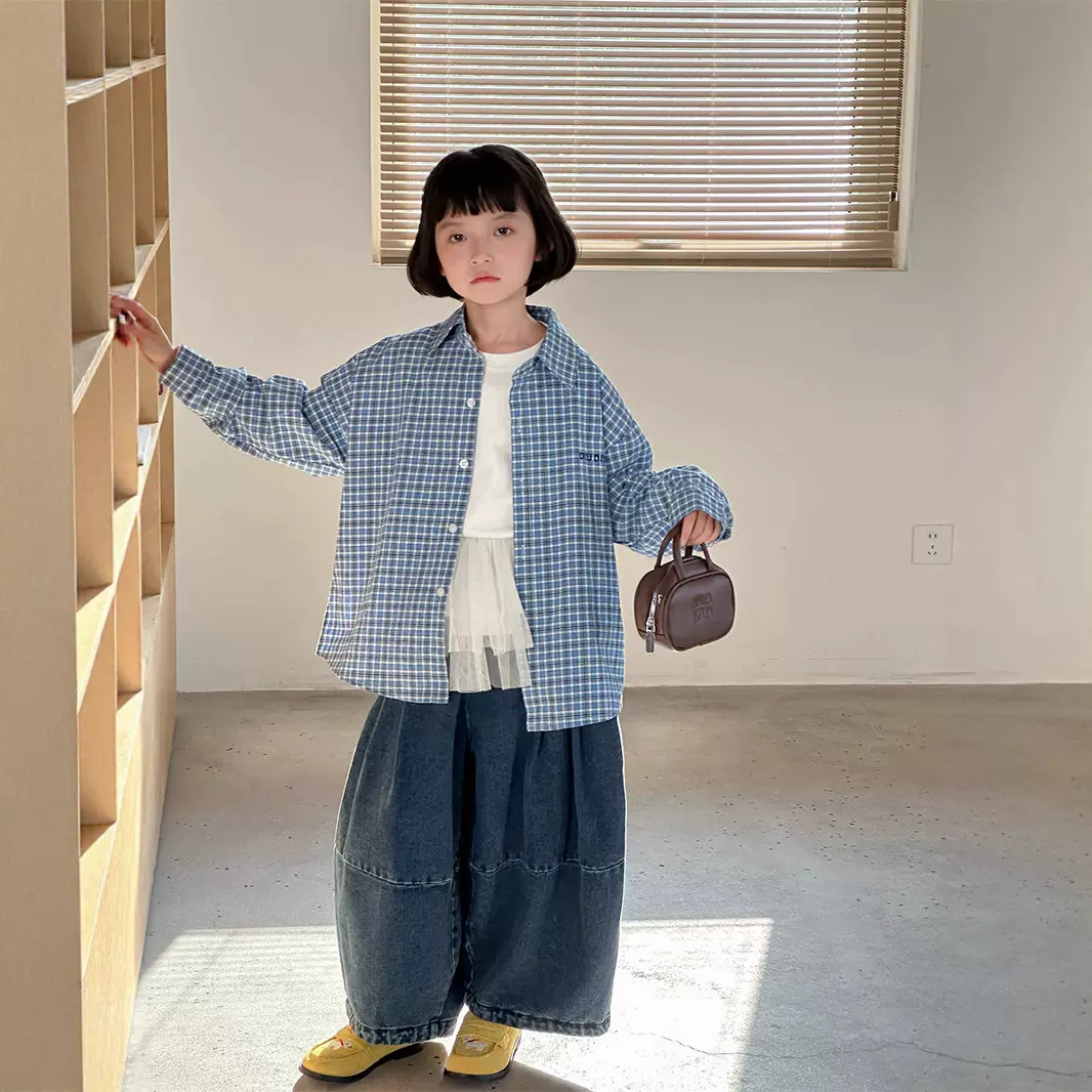 2025秋季新款韩版儿童蓝色格子衬衫男女童休闲百搭翻领衬衣洋气潮