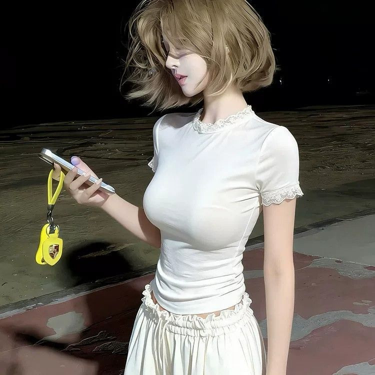 Lace Splicing White Short-Sleeved T-Shirt for Women, New Summer Style, Unique and Beautiful Miu-Style Bottoming Shirt, Slim-Fitting Top Lace Splicing White Short-Sleeved T-Shirt for Women, New Summer Style, Unique and Beautiful Miu-Style Bottoming Shirt, Slim-Fitting Top