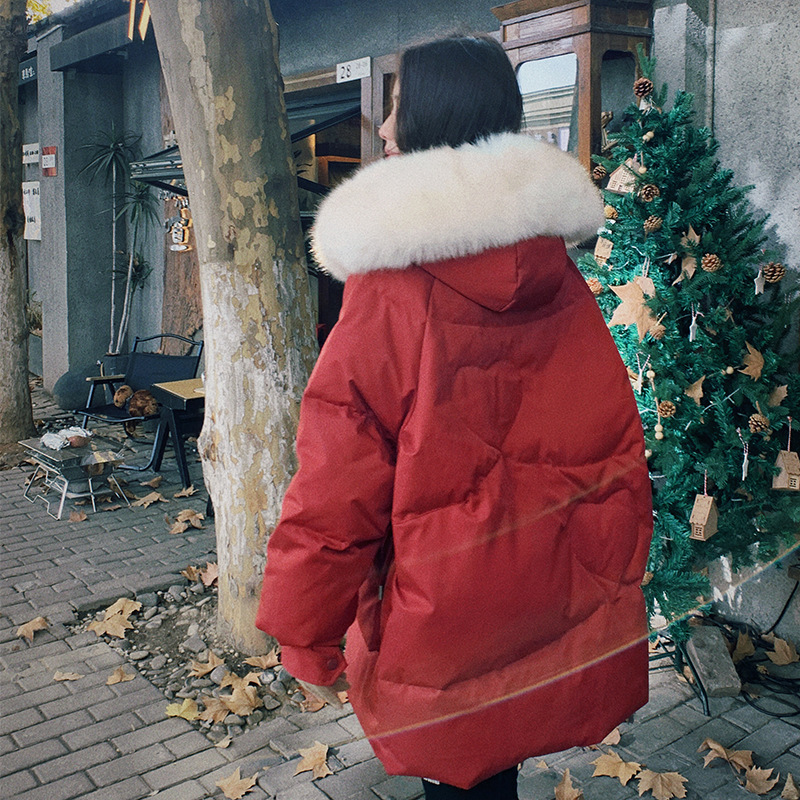 本命新年红色大毛领连帽白鸭绒羽绒服外套女冬短款小个子面包服新