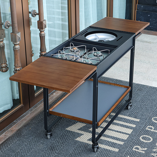 Mobile Abalone Wooden Dining Cart for High-End Hotel Buffet, Portable Stove for Cooking and Heating