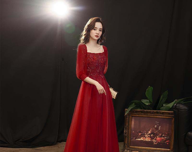 Vestido de Noche Color Champán para Banquete, Nuevo Modelo Otoño 2025, Elegante Vestido de Manga Larga para Presentadora o Actuación