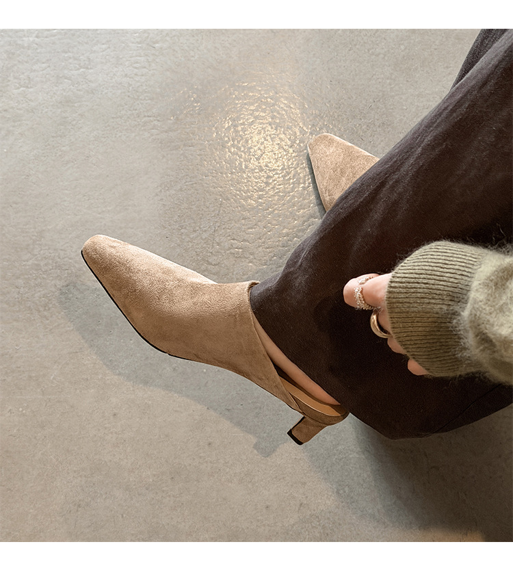 Giày mule nữ da cừu mũi vuông gót 4,5 cm, phong cách Hàn Quốc, dép nửa kéo tiện lợi — màu nâu chi tiết 13