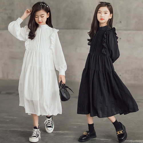 Girls' white dress  spring and summer new style medium and large children's parent-child wear temperament little fairy mid-length cake skirt
