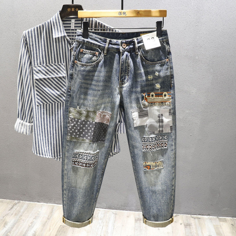 Diesel Square American Retro Jeans for Men, Summer Embroidered Patch Design, Loose Straight-Leg Tapered Pants Diesel Square American Retro Jeans for Men, Summer Embroidered Patch Design, Loose Straight-Leg Tapered Pants