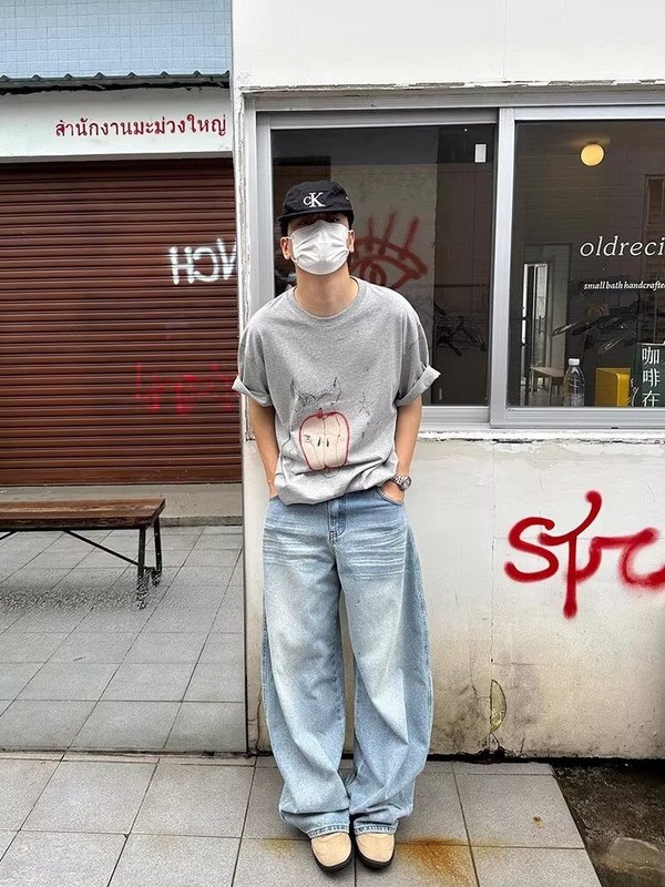 美式复古水洗猫须做旧口袋刺绣牛仔裤男女宽松休闲直筒阔腿长裤子|undefined