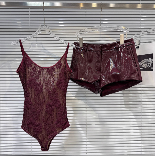 2026 Spring and Summer New Style Sexy Hot Girl Lace One-Piece Camisole + Pu Leather Shorts Suit for Women