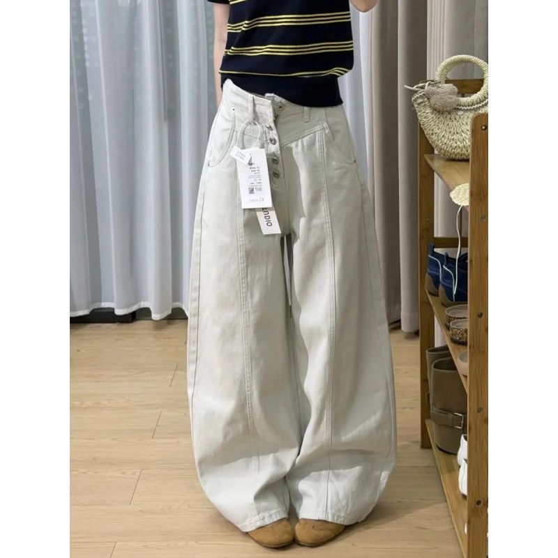 Summer Drapey Gray-White Multi-Button Design High-Waisted Wide-Leg Jeans for Women, Loose Fit, Slimming, Versatile Straight-Leg Pants