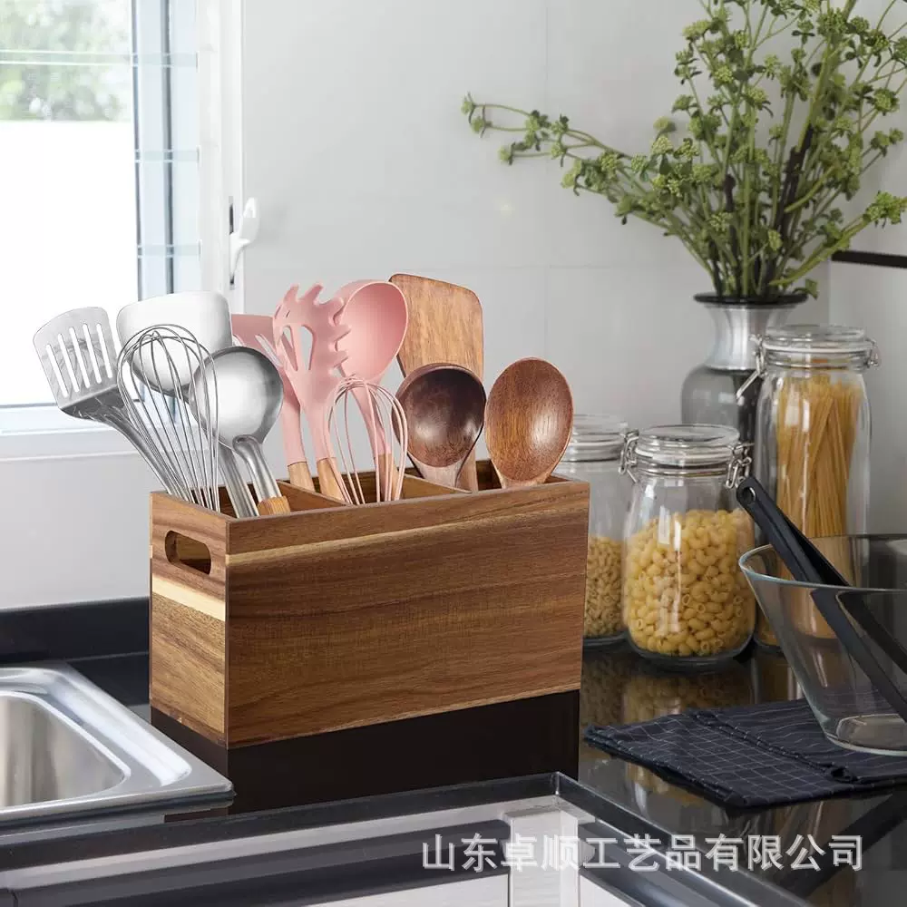 木质收纳盒家用厨房餐具分格整理收纳盒桌面三格分类相思木储物盒