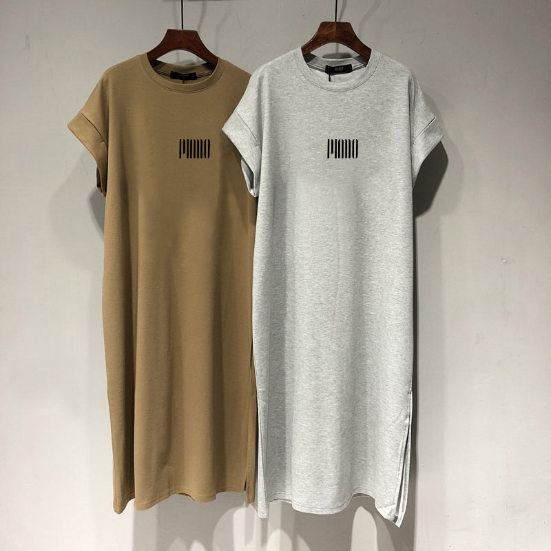2026 New Style Pure Cotton Short-Sleeve T-Shirt Dress for Women, Loose Casual Slimming Dress with Small Flutter Sleeves and Slit, Long Dress for Summer