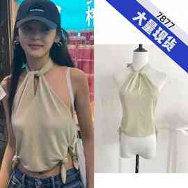 章若楠同款浅绿色交叉打结性感辣妹挂脖吊带背心夏装纯欲无袖上衣