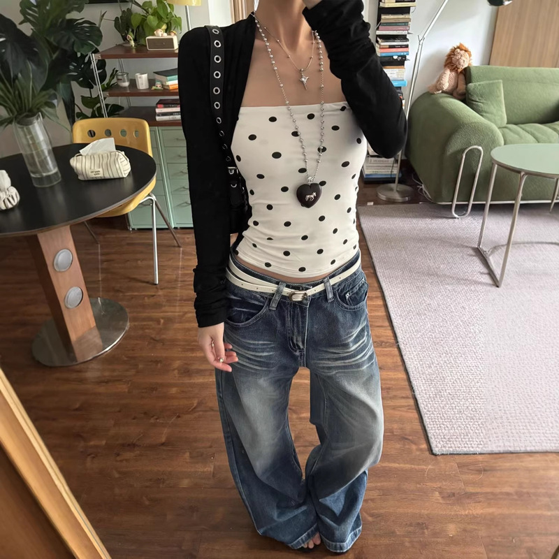 Trendy and Chic Polka Dot Faux Two-Piece Long-Sleeve T-Shirt for Women, New Spring Korean Design Slim-Fit Top Trendy and Chic Polka Dot Faux Two-Piece Long-Sleeve T-Shirt for Women, New Spring Korean Design Slim-Fit Top