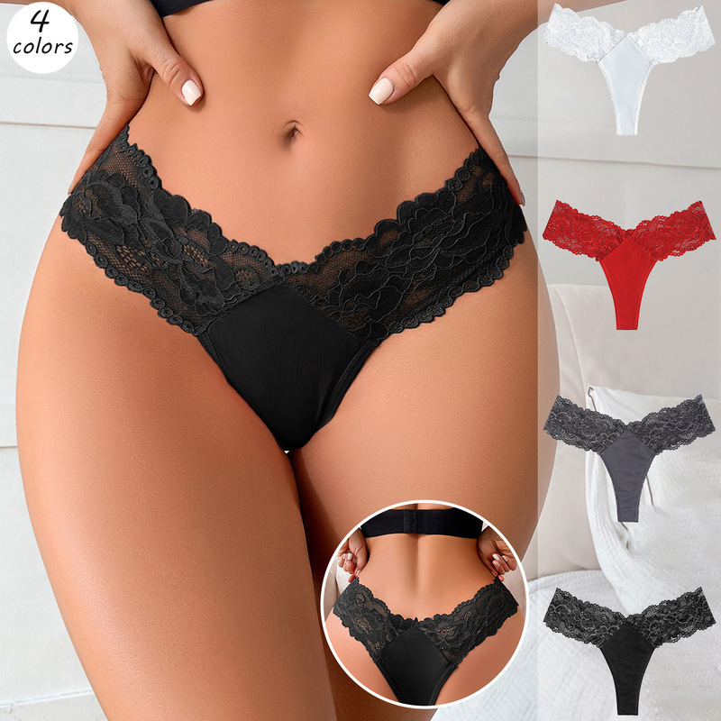 European and American Women's Thong Sexy See-Through Mid-Waist Women's Underwear Hollow Lace Women's Underwear Thin and Transparent