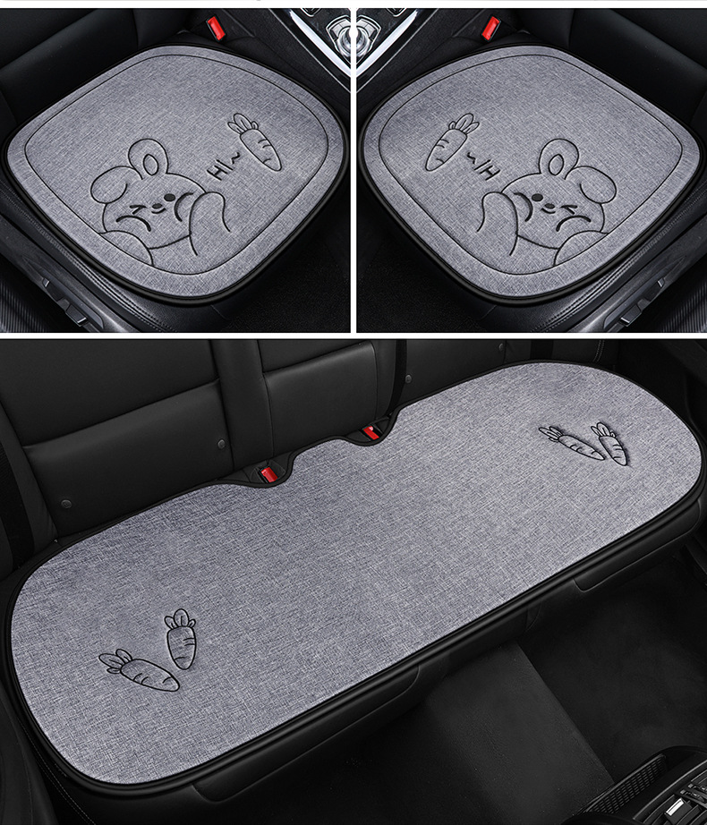 Car Seat Cushion, Universal for All Seasons, Linen Fabric, Cartoon Three-Piece Set, Single-Piece Cotton Seat Cushion, Non-Slip Rear Seat Long Cushion