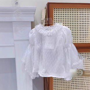 2024 Girls' Little Fairy Base Shirt White Lace Chiffon Inner Layer T-Shirt Children's Long Sleeve Base Shirt Round Neck