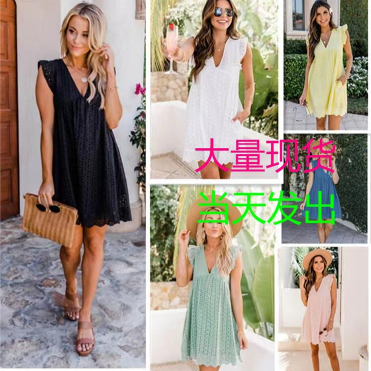 2022 Amazon Europe and the United States cross-border new lace jacquard hollow V-neck dress women's pocket cloth shorts