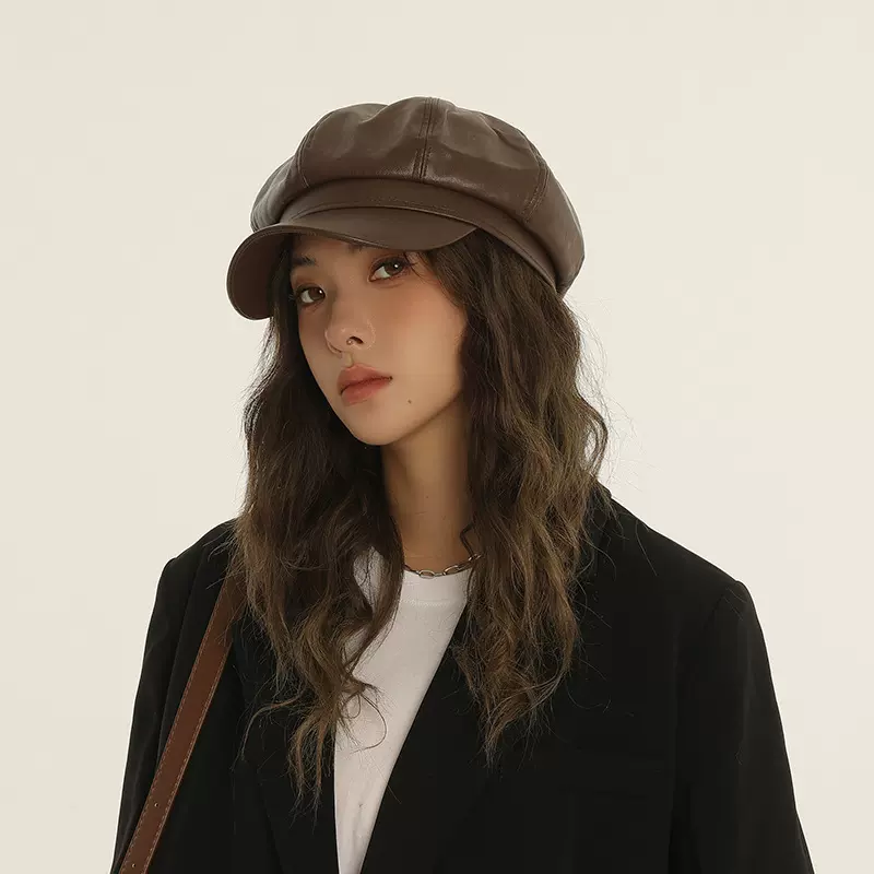 pu皮质贝雷帽经典英伦复古秋冬天鸭舌帽子女显脸小文艺画家八角帽