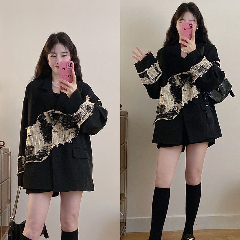 plus size Long-sleeved Suit Jacket Women's Autumn Loose All-match Color Contrast Top chubby girl Niche Design Chic Suit
