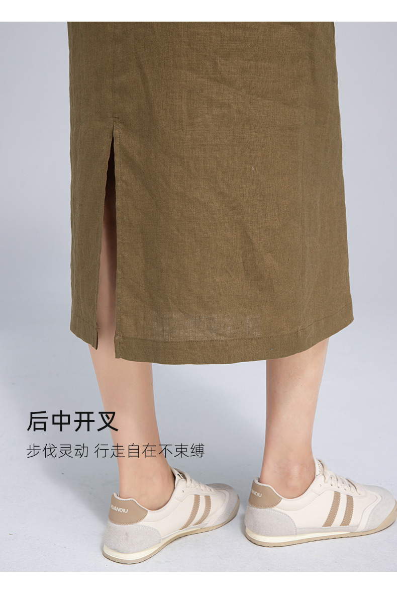 Váy maxi vải lanh nữ dáng rộng tay ngắn eo dây rút — Xanh ô liu chi tiết 19