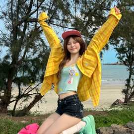 彩色格子衬衫女2026年新款秋秋季多巴胺穿搭宽松百搭刺绣长袖衬衣