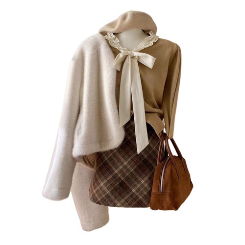 Plus Size Retro Plaid Wool Blend Skirt for Autumn/Winter, Bodycon A-Line Skirt for Plus Size Women, High-Waisted Slimming Mini Skirt