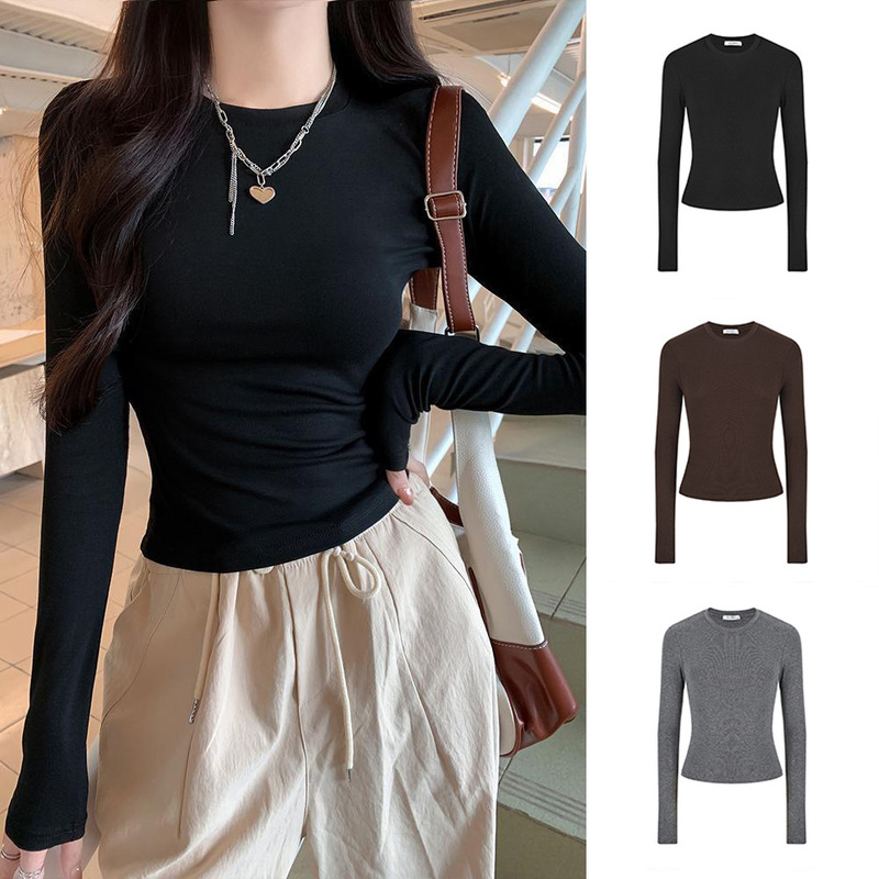 Craftsmanship Cross-Border Absatz Straight Shoulder Round Neck Cinched Waist Long-Sleeve T-Shirt for Women 2025 New Pure Desire Style Slim-Fit Top Craftsmanship Cross-Border Absatz Straight Shoulder Round Neck Cinched Waist Long-Sleeve T-Shirt for Women 2025 New Pure Desire Style Slim-Fit Top