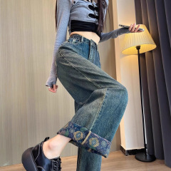 复古阔腿牛仔裤女2025年新款设计感印花可卷边宽松直筒裤时尚长裤