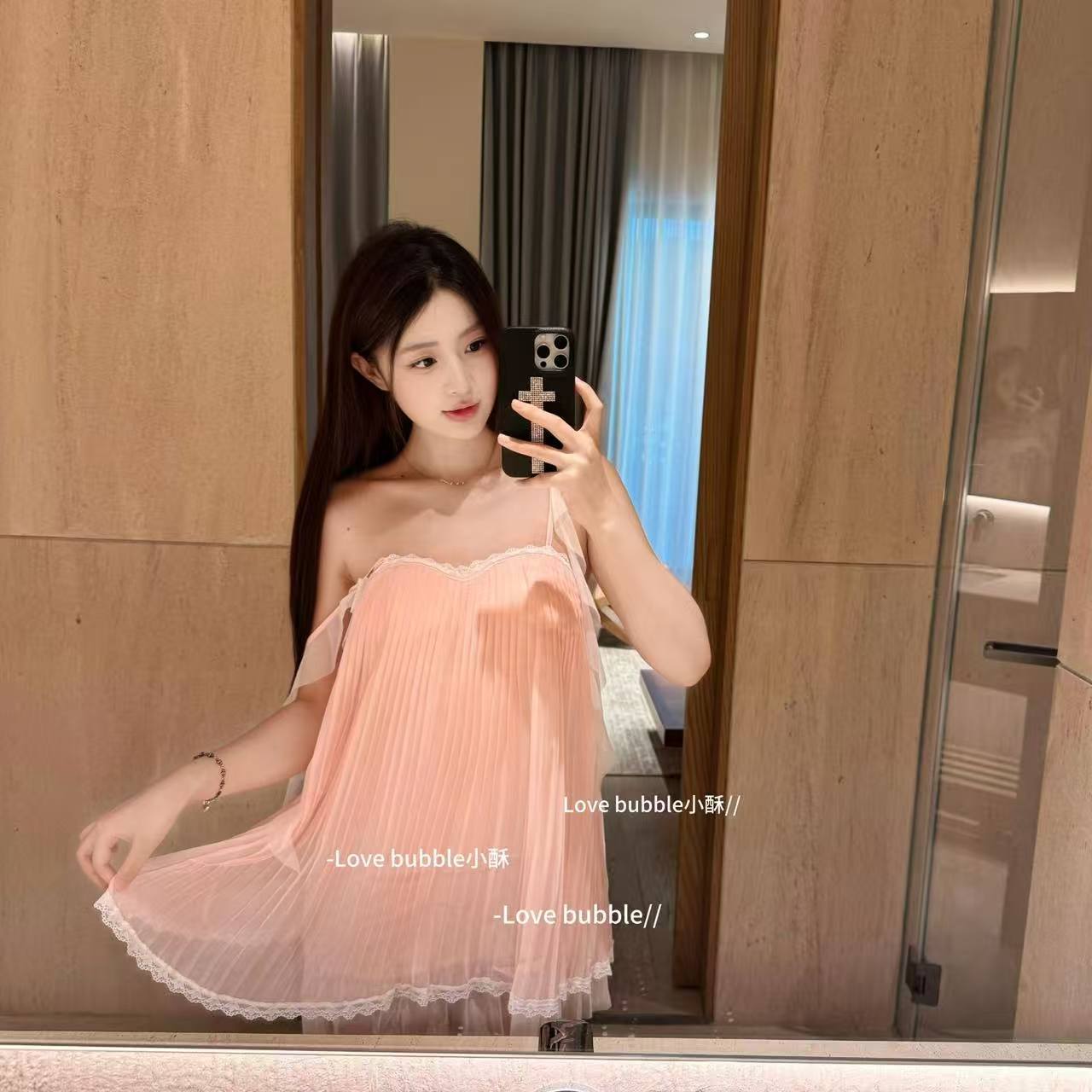 Women’s Sheer Chiffon Babydoll Pajama Dress with Built-in Bra, Light Purple — detail image 1