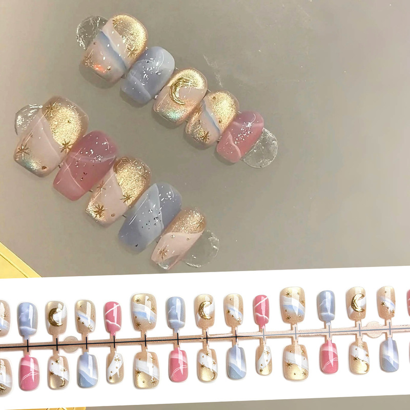 Romantic Galaxy Glass Bead Cat Eye Ultra Short Ladder Wearable Nail Wholesale Gilded Fine Flash Fantasy Nail Art Patch Ins