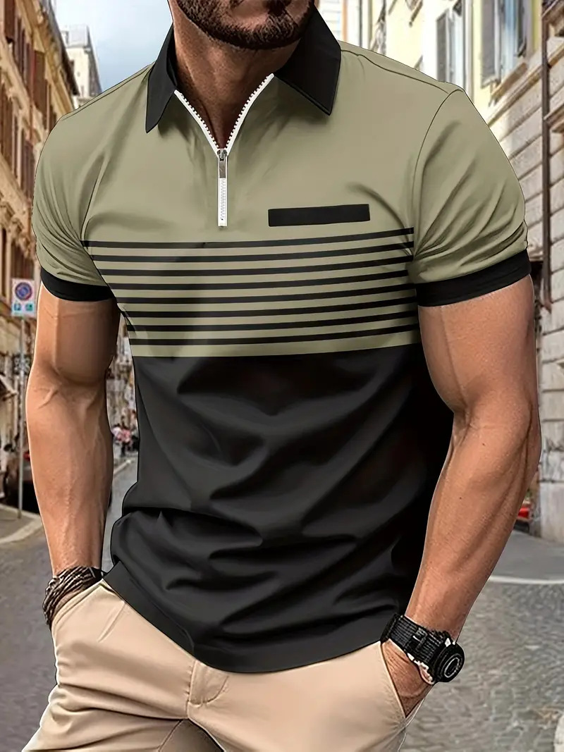 Striped Polo Shirt For Men With Turn-down Collar And Zipper_voghion.com