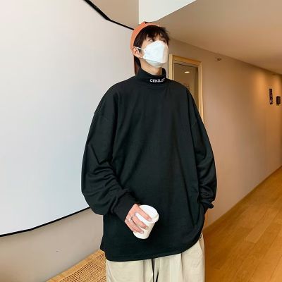 작은 하이 넥 긴 소매 티셔츠 남자의 한국 스타일 유행 단색 탑 홍콩 스타일 새로운 느슨한 단색 내부 기본 셔츠