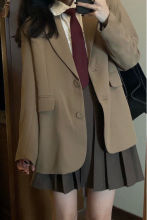 白枕鹤春秋复古宽松驼色西装外套服装学院风棕色时髦中长款小个